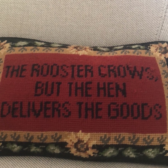 Needlepoint Decorative Pillow “The roosters crows but hen delivers the goods” - Picture 2 of 13